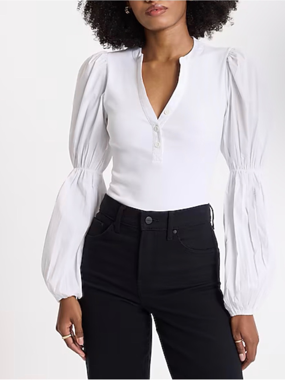 Express White Long-Sleeve Henley Bodysuit with Puff Shoulders